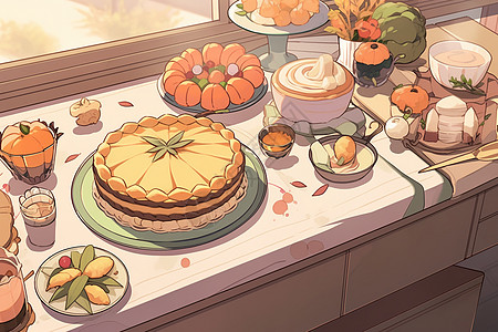 南瓜蛋糕厨房里的美食插画