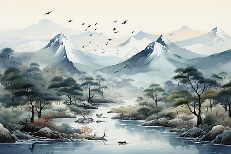 山水飞鸟墨韵秀美的油画插图背景图片