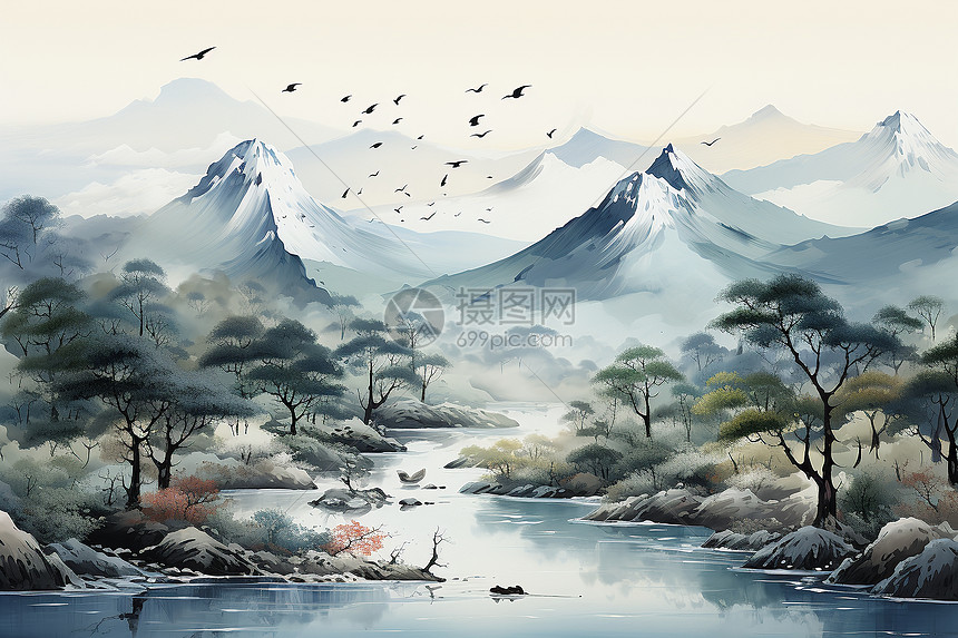 山水飞鸟墨韵秀美的油画插图图片