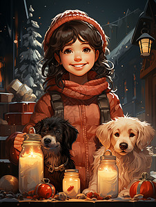 女孩和小狗守着蜡烛图片