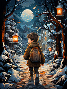 夜幕雪地上的孩子背景图片