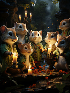 森林中举着蜡烛的小老鼠图片