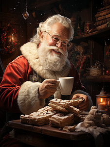 圣诞老人在小屋里喝热咖啡图片
