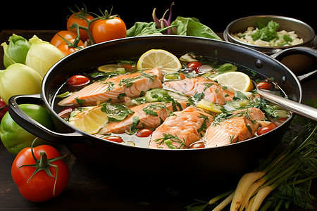 传统美食的三文鱼海鲜汤图片