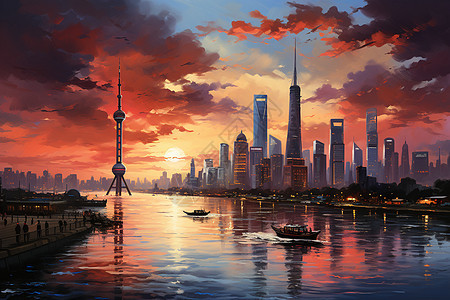 日落时分的现代化都市建筑背景图片