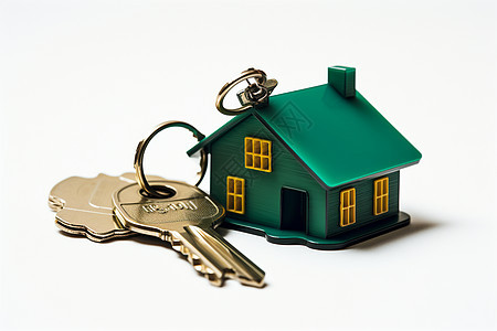 白色背景上的房屋模型和钥匙图片
