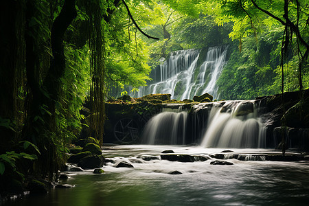 瀑布中的森林绿野奇观图片