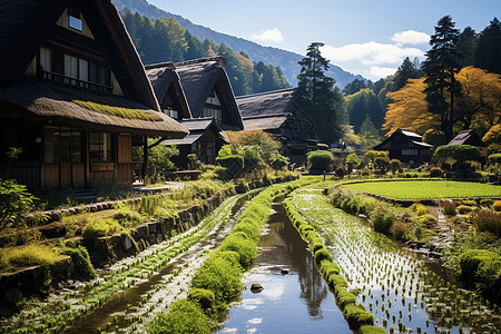 青山林间小溪流淌的种植的田野背景图片