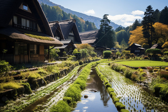 青山林间小溪流淌的种植的田野图片