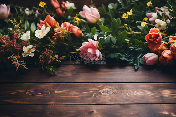 木桌上的浪漫鲜花图片