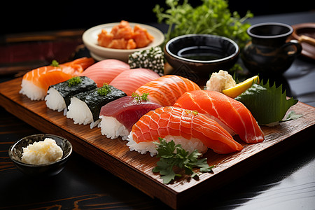 传统日式料理的三文鱼寿司背景图片