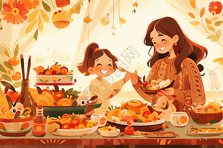 感恩节美食温馨家庭团聚插画