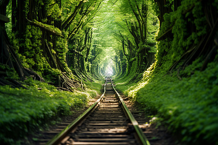 火车穿行的绿色隧道图片