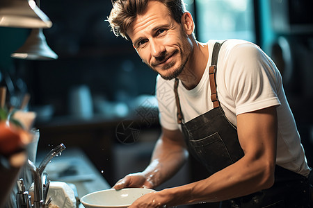 厨房里刷碗的男人图片