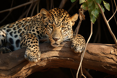 野生美洲豹在树枝上休息图片