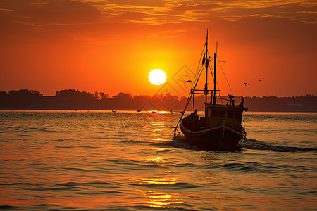 夕阳下的一艘渔船图片