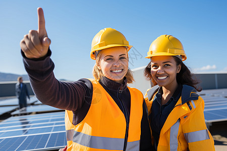 太阳能板前的工人背景图片