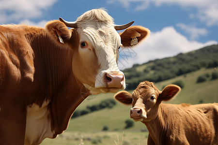 户外草地上的母牛和小牛图片