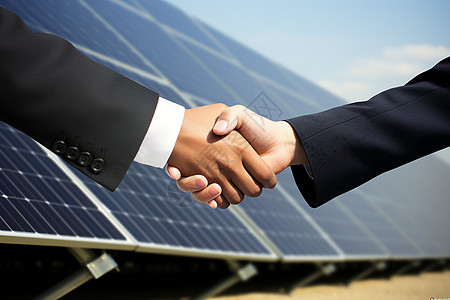 太阳能电池板前握手的商人背景图片