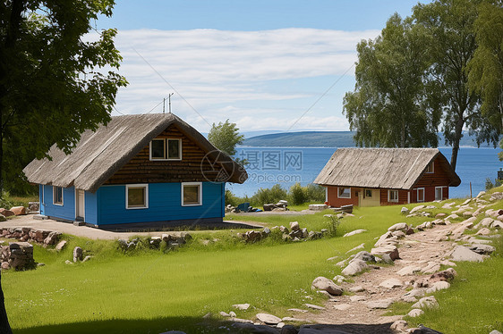 湖泊边的小屋图片