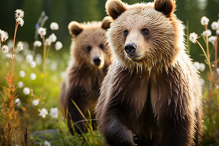 棕熊在草地上玩耍图片