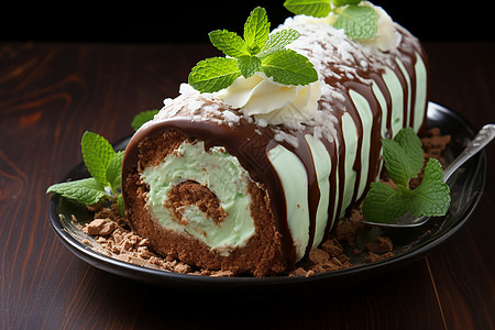 桌面上可口的巧克力奶油蛋糕背景图片