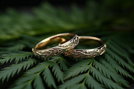 绿叶上奢华的黄金戒指图片