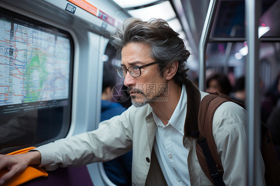 乘坐地铁的中年男子图片