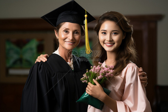 母女俩穿着学士服图片