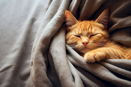 毛绒猫在床上的毯子里图片