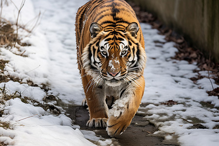 穿越雪地的老虎图片