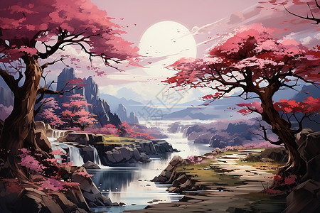 美丽的桃花树河流背景图片