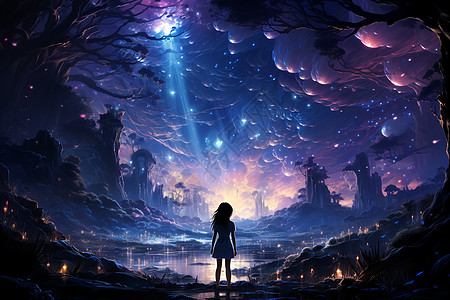 星空中的年轻少女背景图片
