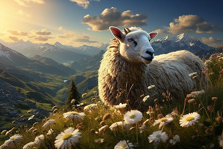 花丛中的动物绵羊背景图片