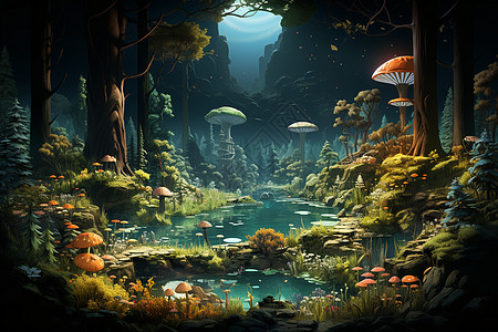 森林里的蘑菇和河流图片