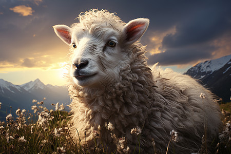 户外草丛中的绵羊背景图片