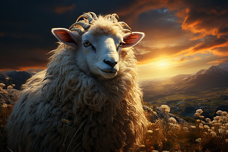 傍晚山坡上的绵羊背景图片