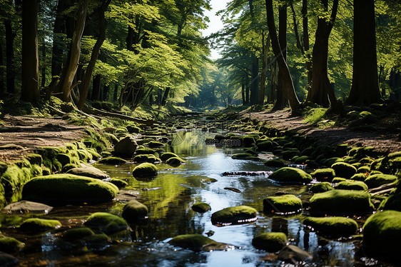 森林中的岩石和溪流图片