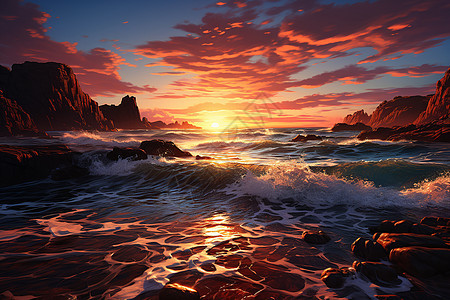 夕阳余晖下的海岸线图片