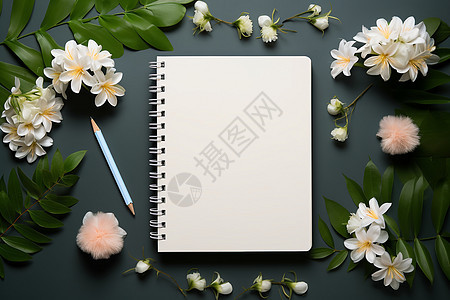 桌面上的笔记本和花朵背景图片