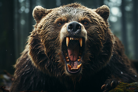 山林中张开巨口的熊背景图片