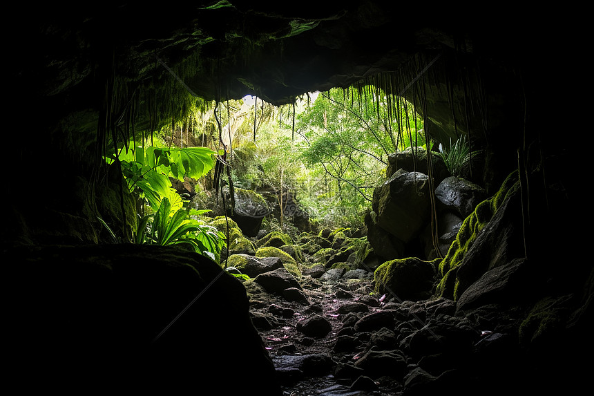 洞穴中的植物和苔藓图片