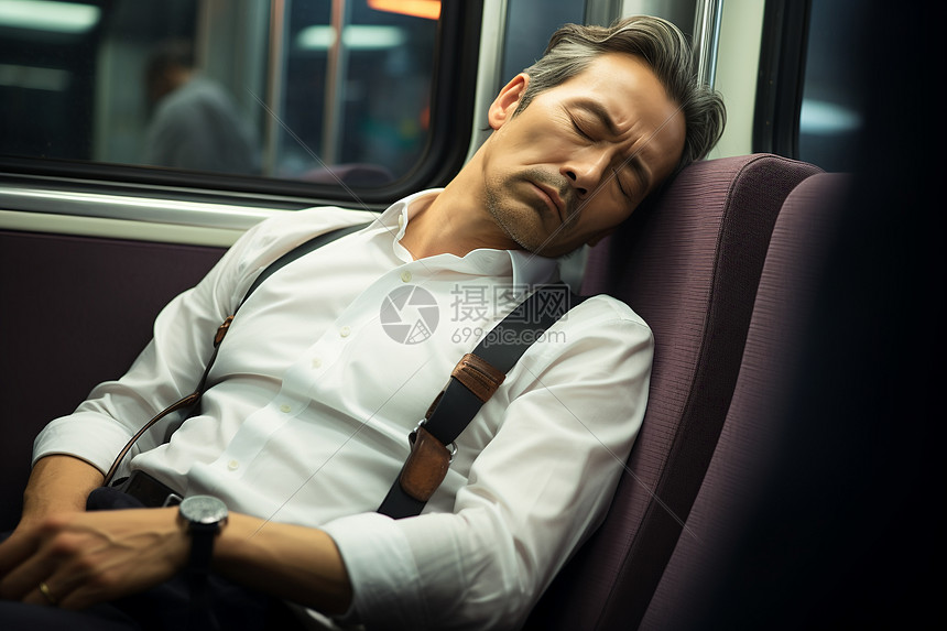 车厢座位上睡觉的男子图片