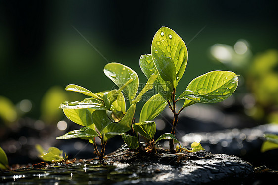 春雨滋润下的小植物图片