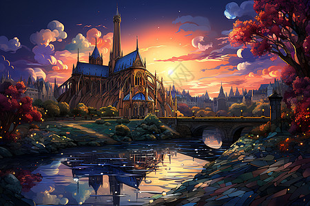 夕阳下的城堡图片