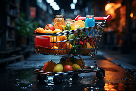 装满水果的购物车背景图片