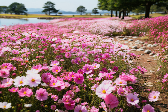 夏季湖畔绽放的美丽花海图片