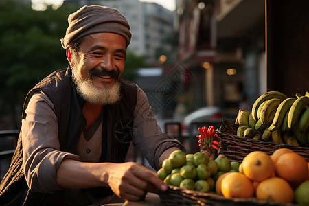 摆摊卖水果的中年男子背景图片