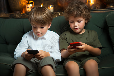 两兄弟坐在沙发上玩手机图片