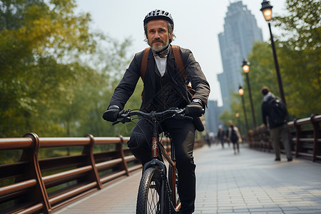 男子骑着自行车穿过桥图片